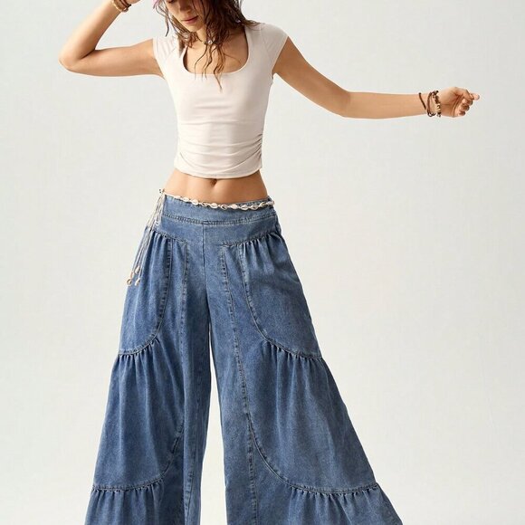 Blue Casual Women's Woven Loose Wide-Leg Washed Denim Pants - Picture 5 of 8